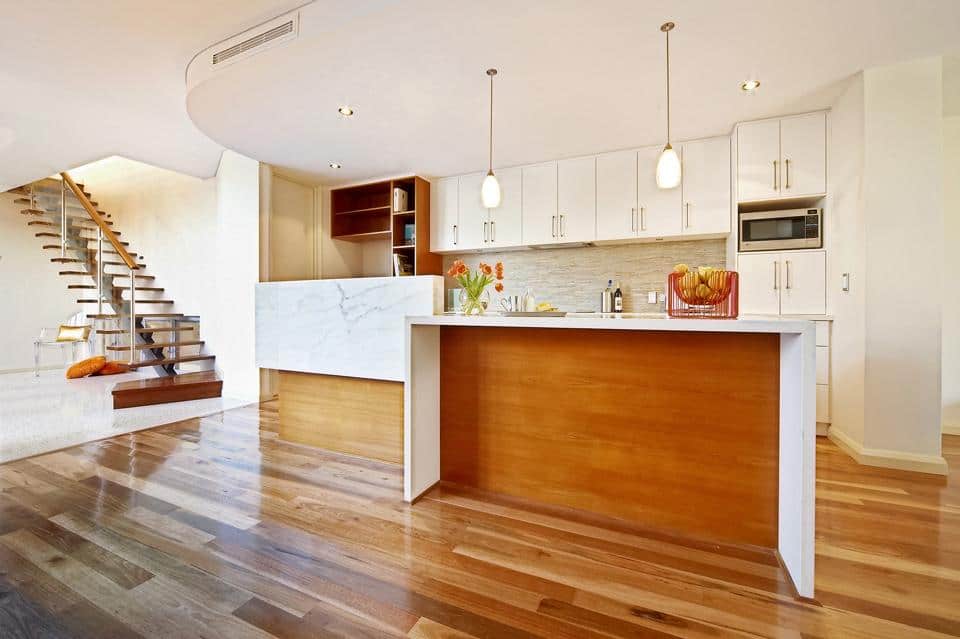 Hardwood timber floor in a modern open plan kitchen